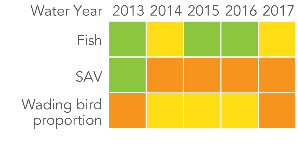 Graphic shows select scores. Fish rated "good" in 2013, "fair" in 2014, "good" 2015-2016, and "fair" in 2017. SAV rated "good" in 2013, and "poor" 2014 to 2017. Wading bird proportion rated "poor" in 2013, "fair" 2014 to 2016, and "poor" in 2017. 